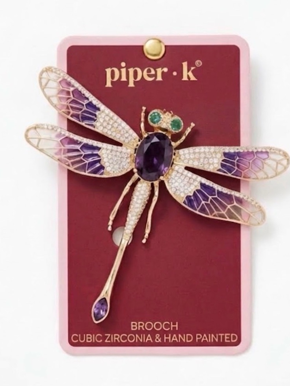NWT ⚜️💜⚜️ Piper K Brooch Hand Painted Cubic Zirconia Purple Dragonfly